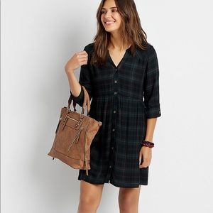 Maurices XL fall plaid button up cuff sleeves Green Plaid Babydoll Shirtdress